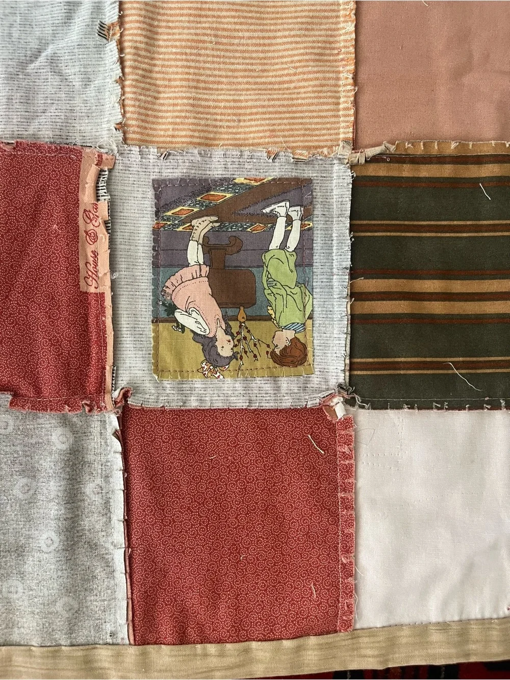 Vintage Handmade Patchwork Rag Crib Quilt Americana Twin Photo Memory Folk Art